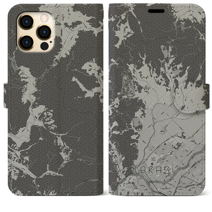 【鷹栖（北海道）】地図柄iPhoneケース（手帳タイプ）モノトーン・iPhone 12 Pro Max 用