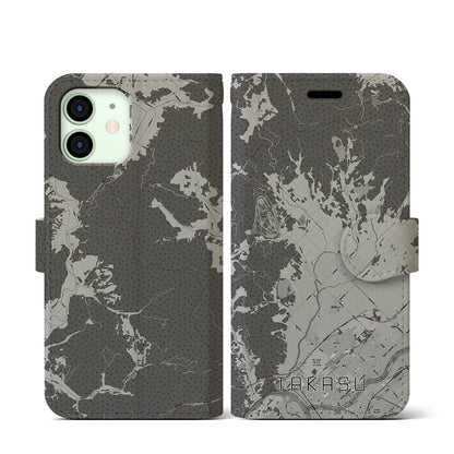 【鷹栖（北海道）】地図柄iPhoneケース（手帳タイプ）モノトーン・iPhone 12 mini 用