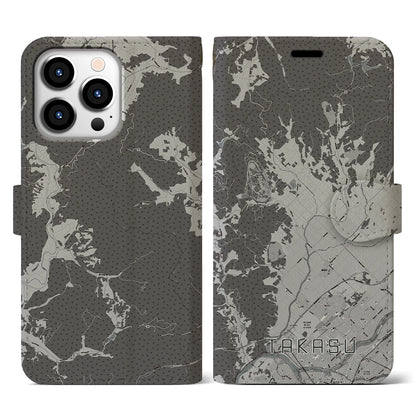 【鷹栖（北海道）】地図柄iPhoneケース（手帳タイプ）モノトーン・iPhone 13 Pro 用