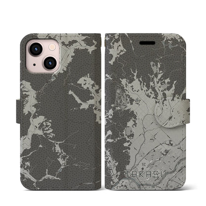 【鷹栖（北海道）】地図柄iPhoneケース（手帳タイプ）モノトーン・iPhone 13 mini 用