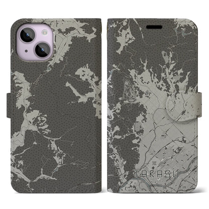 【鷹栖（北海道）】地図柄iPhoneケース（手帳タイプ）モノトーン・iPhone 14 用