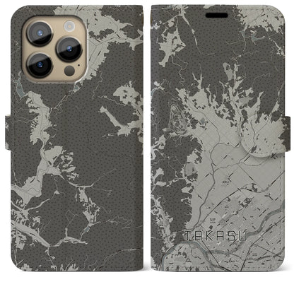 【鷹栖（北海道）】地図柄iPhoneケース（手帳タイプ）モノトーン・iPhone 14 Pro Max 用