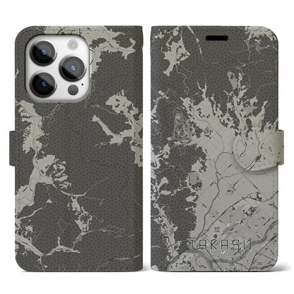 【鷹栖（北海道）】地図柄iPhoneケース（手帳タイプ）モノトーン・iPhone 14 Pro 用