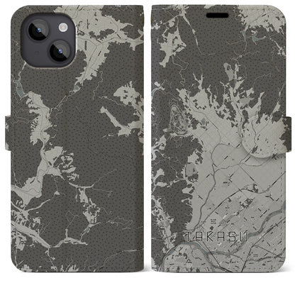 【鷹栖（北海道）】地図柄iPhoneケース（手帳タイプ）モノトーン・iPhone 14 Plus 用