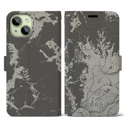 【鷹栖（北海道）】地図柄iPhoneケース（手帳タイプ）モノトーン・iPhone 15 用