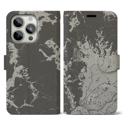 【鷹栖（北海道）】地図柄iPhoneケース（手帳タイプ）モノトーン・iPhone 15 Pro 用