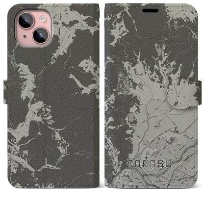 【鷹栖（北海道）】地図柄iPhoneケース（手帳タイプ）モノトーン・iPhone 15 Plus 用