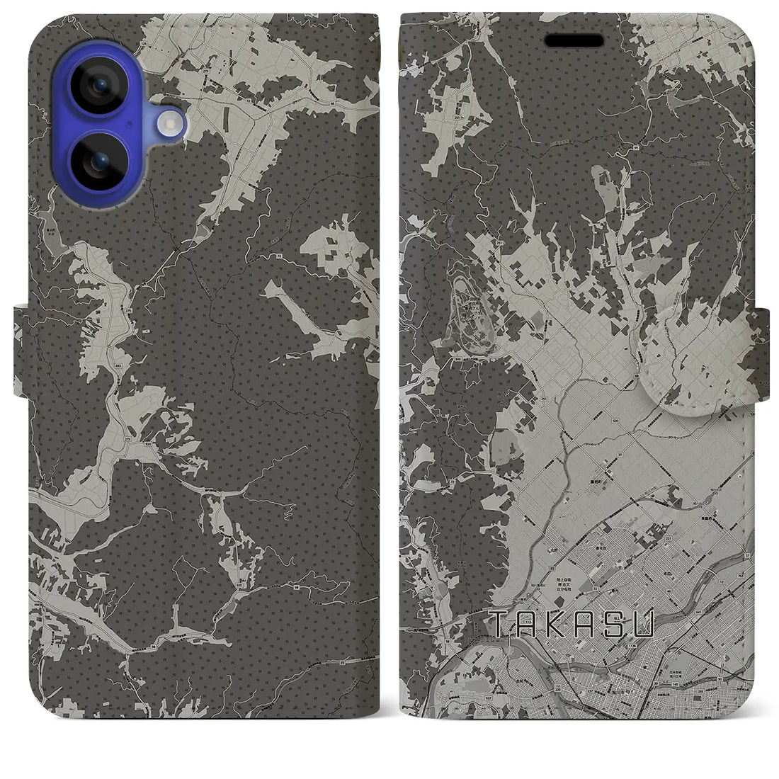【鷹栖(北海道)】地図柄iPhoneケース(手帳タイプ)モノトーン・iPhone 16 Pro Max 用