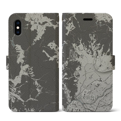 【鷹栖（北海道）】地図柄iPhoneケース（手帳タイプ）モノトーン・iPhone XS / X 用