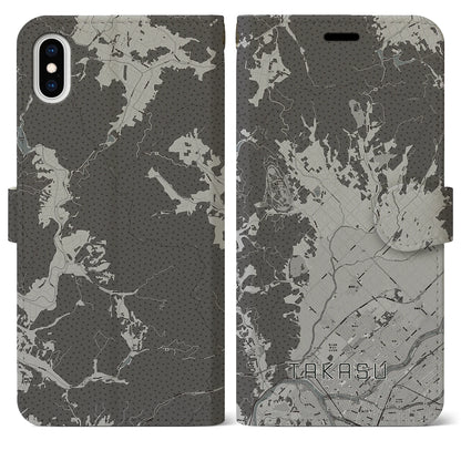 【鷹栖（北海道）】地図柄iPhoneケース（手帳タイプ）モノトーン・iPhone XS Max 用