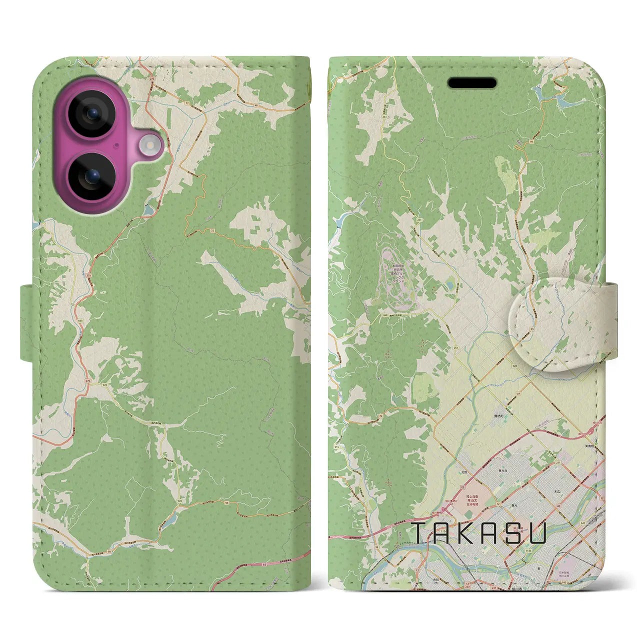 【鷹栖（北海道）】地図柄iPhoneケース（手帳タイプ）ナチュラル・iPhone 16 Pro 用