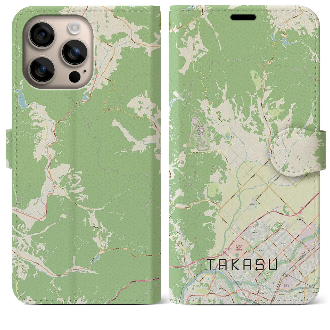 【鷹栖（北海道）】地図柄iPhoneケース（手帳タイプ）ナチュラル・iPhone 16 Plus 用