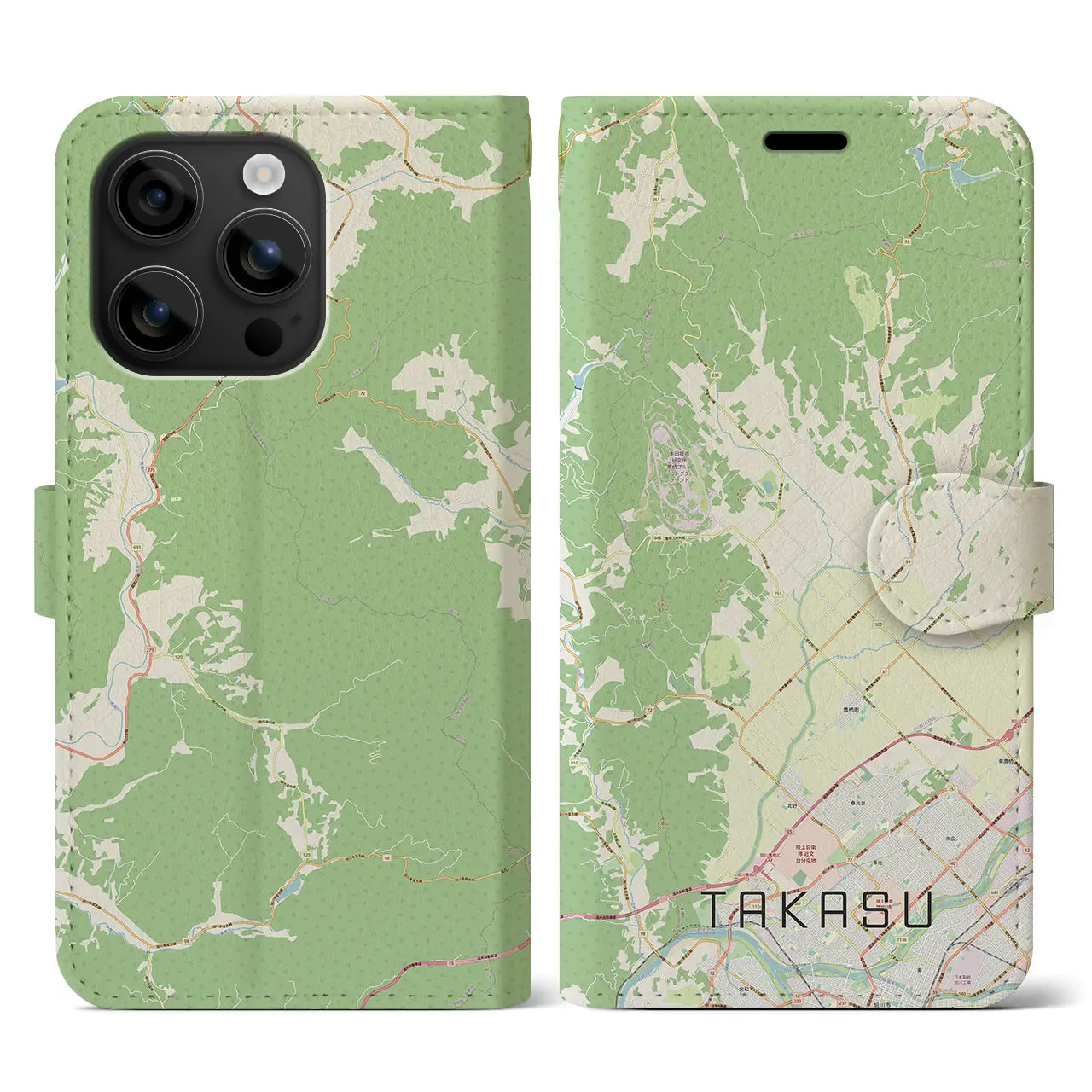 【鷹栖（北海道）】地図柄iPhoneケース（手帳タイプ）ナチュラル・iPhone 16 用