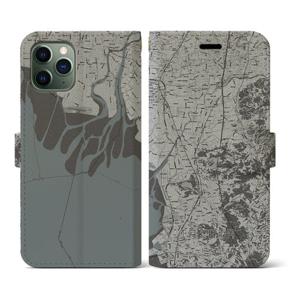 【高田（福岡県）】地図柄iPhoneケース（手帳タイプ）モノトーン・iPhone 11 Pro 用