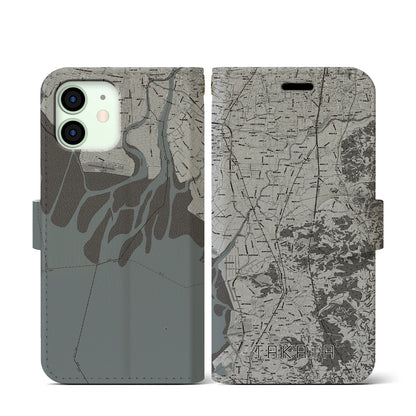 【高田（福岡県）】地図柄iPhoneケース（手帳タイプ）モノトーン・iPhone 12 mini 用