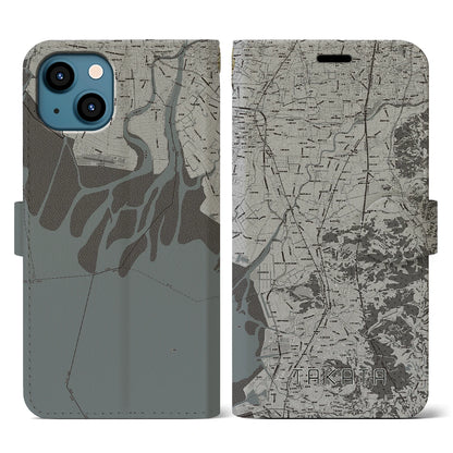 【高田（福岡県）】地図柄iPhoneケース（手帳タイプ）モノトーン・iPhone 13 用