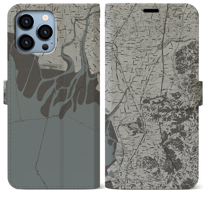 【高田（福岡県）】地図柄iPhoneケース（手帳タイプ）モノトーン・iPhone 13 Pro Max 用