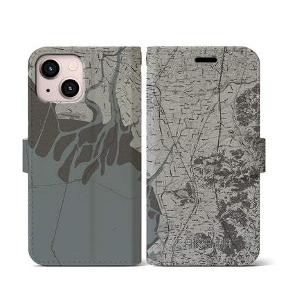 【高田（福岡県）】地図柄iPhoneケース（手帳タイプ）モノトーン・iPhone 13 mini 用