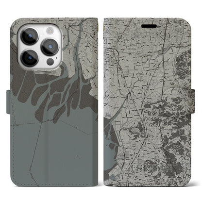 【高田（福岡県）】地図柄iPhoneケース（手帳タイプ）モノトーン・iPhone 14 Pro 用