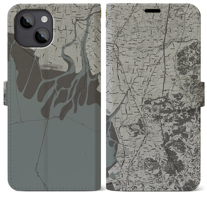 【高田（福岡県）】地図柄iPhoneケース（手帳タイプ）モノトーン・iPhone 14 Plus 用