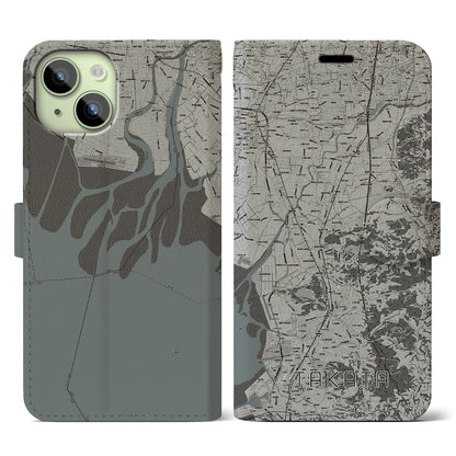 【高田（福岡県）】地図柄iPhoneケース（手帳タイプ）モノトーン・iPhone 15 用