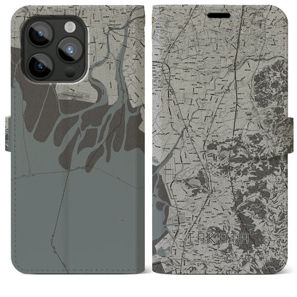 【高田（福岡県）】地図柄iPhoneケース（手帳タイプ）モノトーン・iPhone 15 Pro Max 用