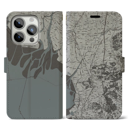 【高田（福岡県）】地図柄iPhoneケース（手帳タイプ）モノトーン・iPhone 15 Pro 用
