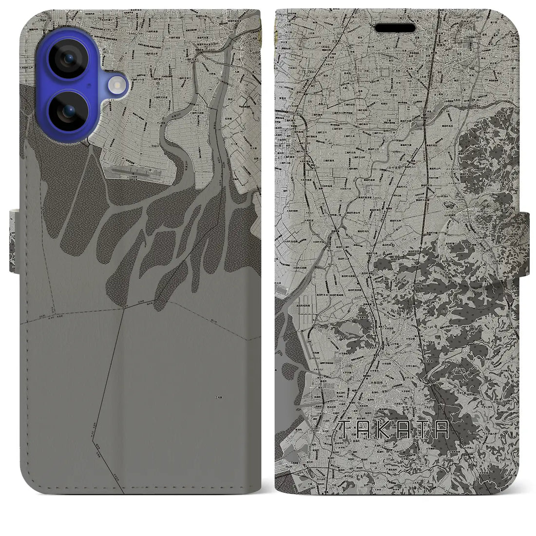 【高田(福岡県)】地図柄iPhoneケース(手帳タイプ)モノトーン・iPhone 16 Pro Max 用