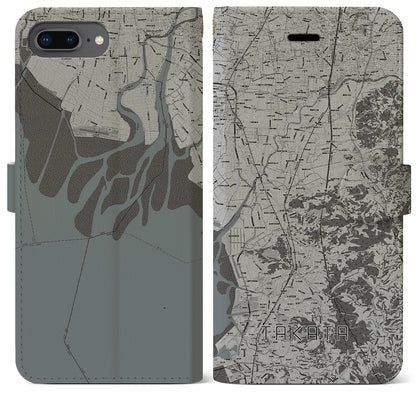 【高田（福岡県）】地図柄iPhoneケース（手帳タイプ）モノトーン・iPhone 8Plus /7Plus / 6sPlus / 6Plus 用