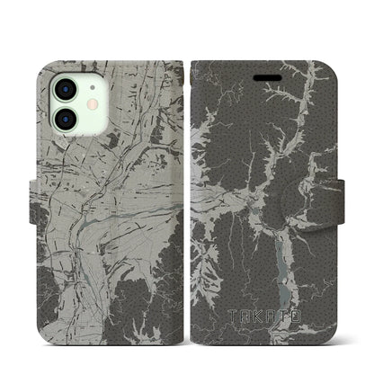 【高遠（長野県）】地図柄iPhoneケース（手帳タイプ）モノトーン・iPhone 12 mini 用