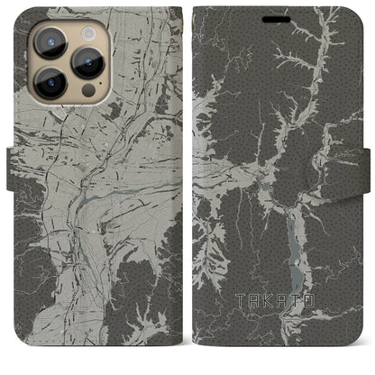 【高遠（長野県）】地図柄iPhoneケース（手帳タイプ）モノトーン・iPhone 14 Pro Max 用