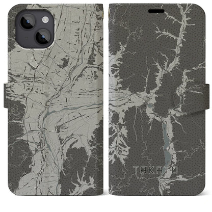 【高遠（長野県）】地図柄iPhoneケース（手帳タイプ）モノトーン・iPhone 14 Plus 用