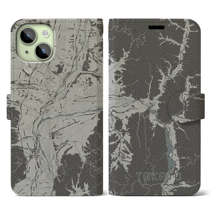 【高遠（長野県）】地図柄iPhoneケース（手帳タイプ）モノトーン・iPhone 15 用