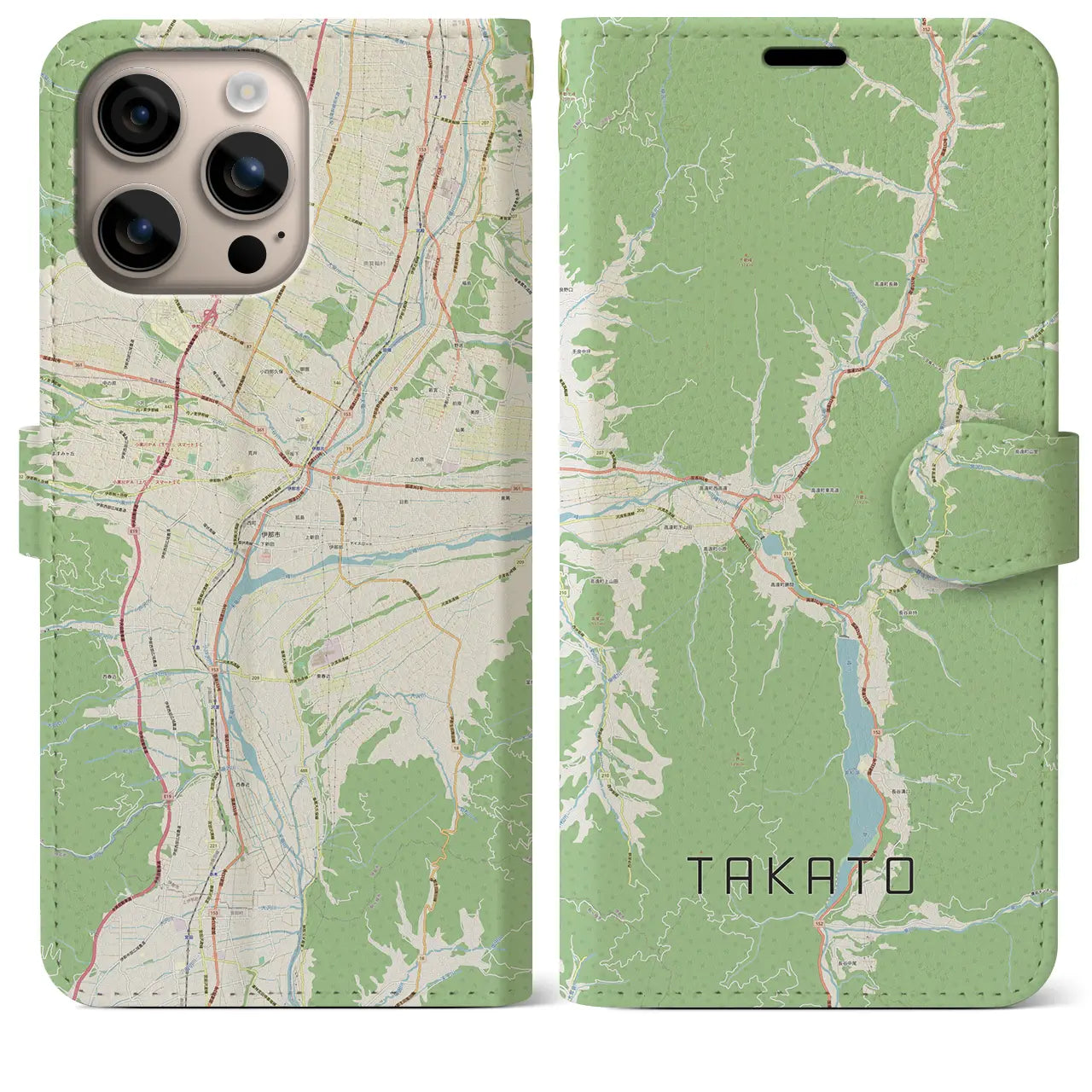 【高遠（長野県）】地図柄iPhoneケース（手帳タイプ）ナチュラル・iPhone 16 Plus 用