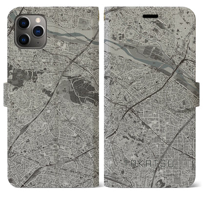 【高津（神奈川県）】地図柄iPhoneケース（手帳タイプ）モノトーン・iPhone 11 Pro Max 用