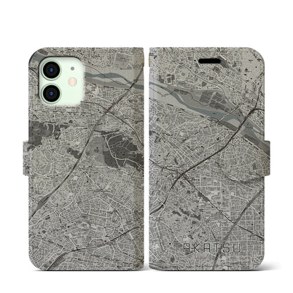 【高津（神奈川県）】地図柄iPhoneケース（手帳タイプ）モノトーン・iPhone 12 mini 用