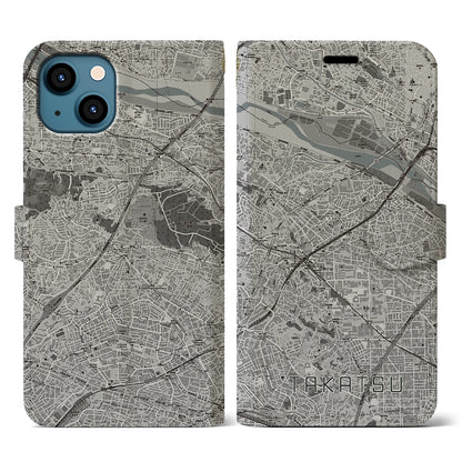 【高津（神奈川県）】地図柄iPhoneケース（手帳タイプ）モノトーン・iPhone 13 用