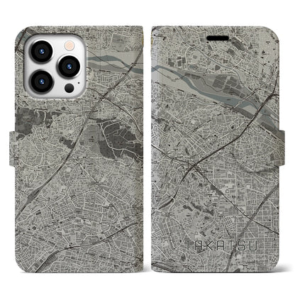 【高津（神奈川県）】地図柄iPhoneケース（手帳タイプ）モノトーン・iPhone 13 Pro 用