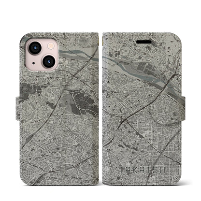 【高津（神奈川県）】地図柄iPhoneケース（手帳タイプ）モノトーン・iPhone 13 mini 用