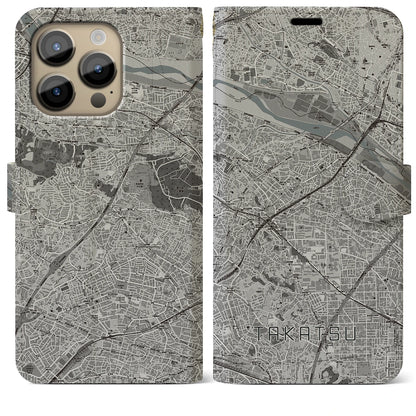 【高津（神奈川県）】地図柄iPhoneケース（手帳タイプ）モノトーン・iPhone 14 Pro Max 用