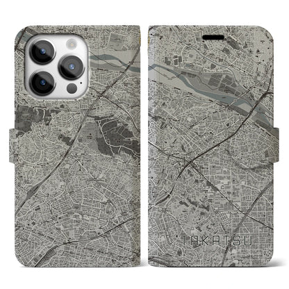 【高津（神奈川県）】地図柄iPhoneケース（手帳タイプ）モノトーン・iPhone 14 Pro 用