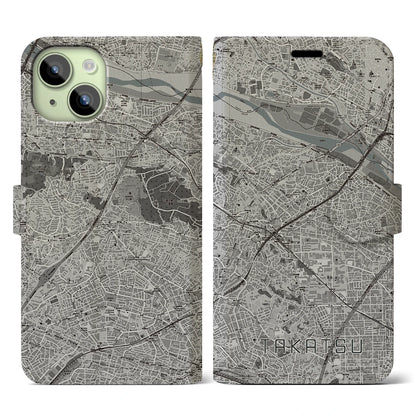 【高津（神奈川県）】地図柄iPhoneケース（手帳タイプ）モノトーン・iPhone 15 用