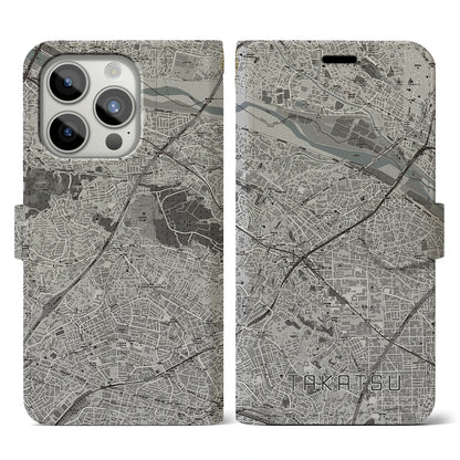 【高津（神奈川県）】地図柄iPhoneケース（手帳タイプ）モノトーン・iPhone 15 Pro 用