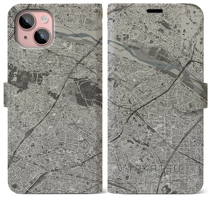 【高津（神奈川県）】地図柄iPhoneケース（手帳タイプ）モノトーン・iPhone 15 Plus 用