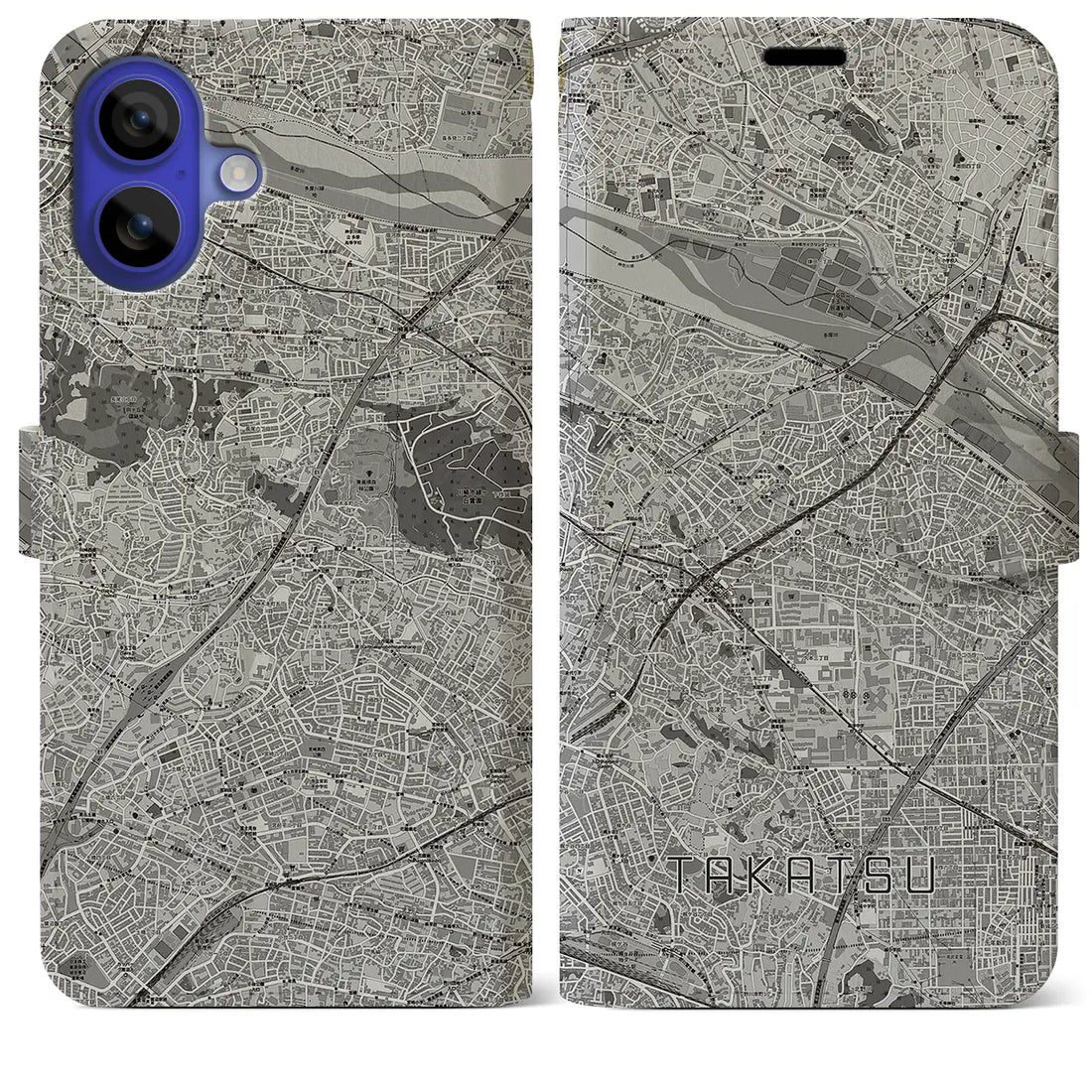 【高津(神奈川県)】地図柄iPhoneケース(手帳タイプ)モノトーン・iPhone 16 Pro Max 用