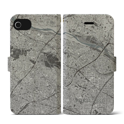 【高津（神奈川県）】地図柄iPhoneケース（手帳タイプ）モノトーン・iPhone SE（第3 / 第2世代） / 8 / 7 / 6s / 6 用