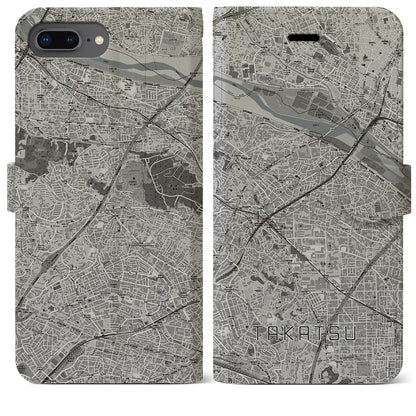 【高津（神奈川県）】地図柄iPhoneケース（手帳タイプ）モノトーン・iPhone 8Plus /7Plus / 6sPlus / 6Plus 用