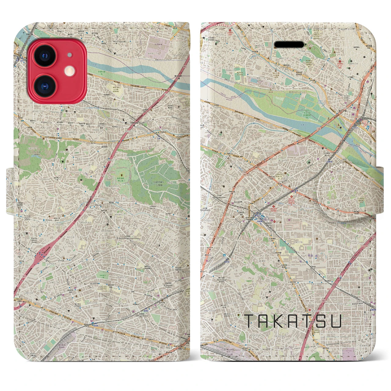 【高津】地図柄iPhoneケース（手帳両面タイプ・ナチュラル）iPhone 11 用