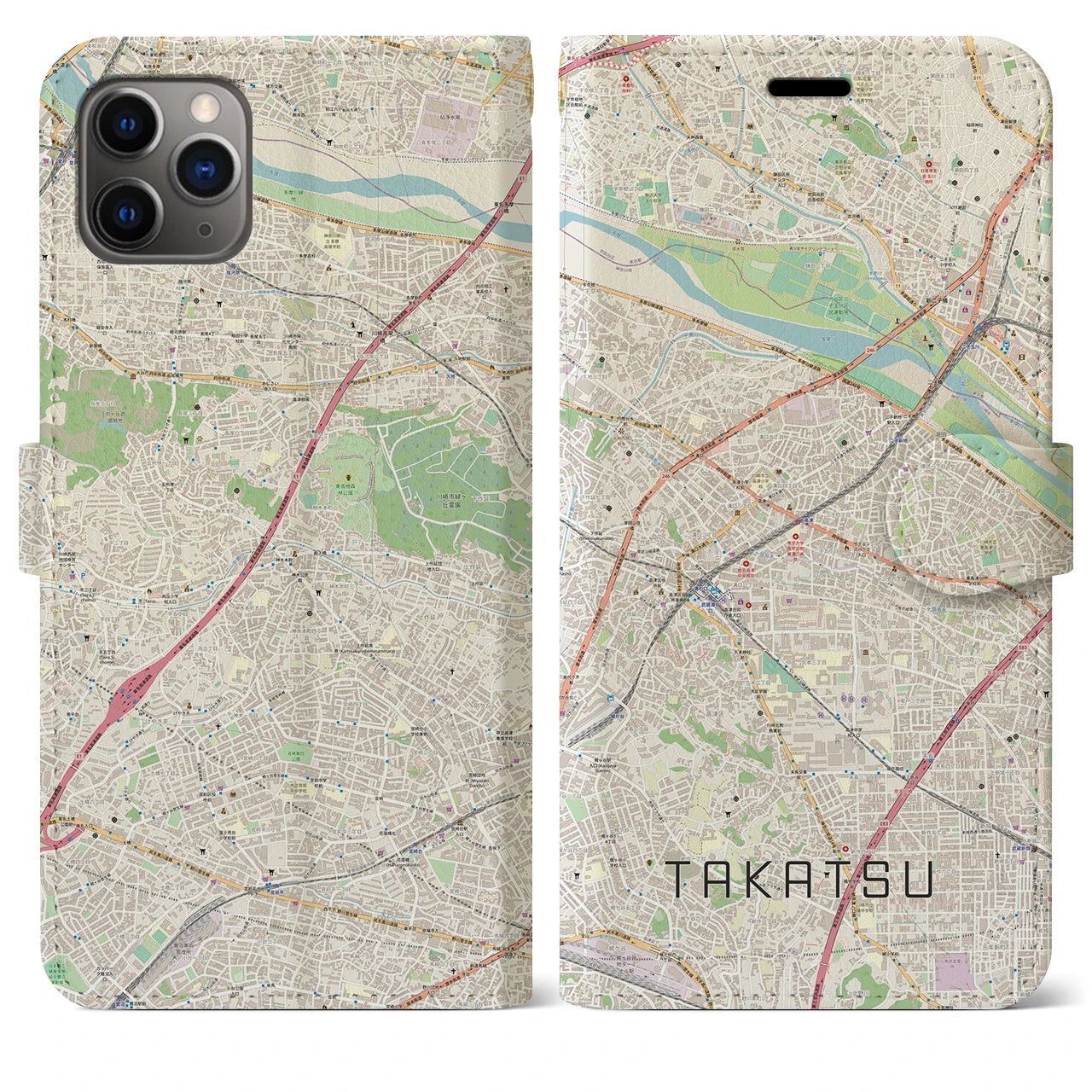 【高津】地図柄iPhoneケース（手帳両面タイプ・ナチュラル）iPhone 11 Pro Max 用