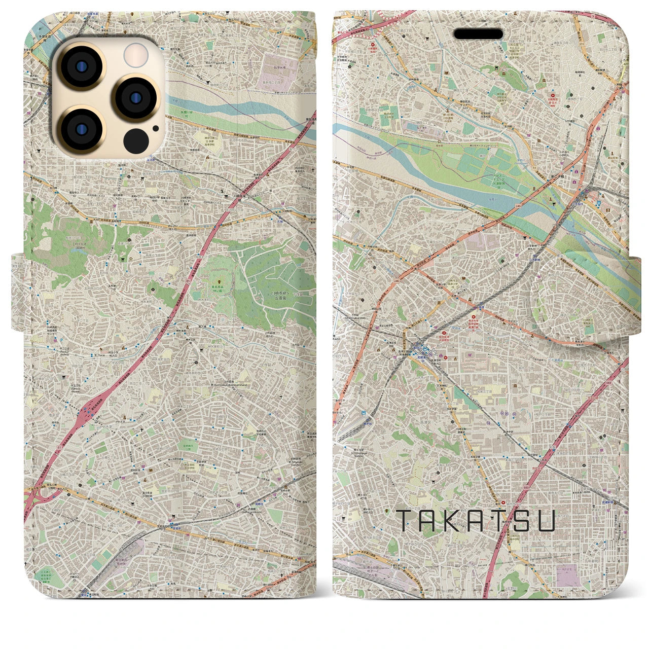 【高津】地図柄iPhoneケース（手帳両面タイプ・ナチュラル）iPhone 12 Pro Max 用